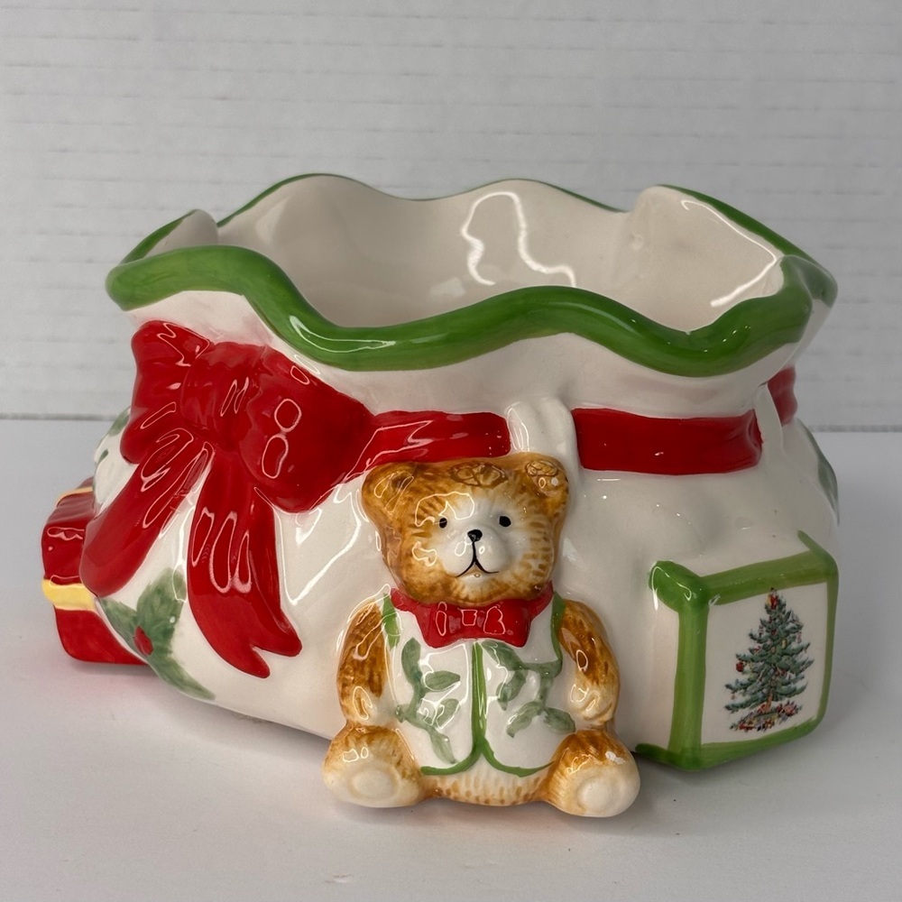SPODE HAND PAINTED "CHRISTMAS TREE" PATTERN SANTA'S POUCH CANDY DISH